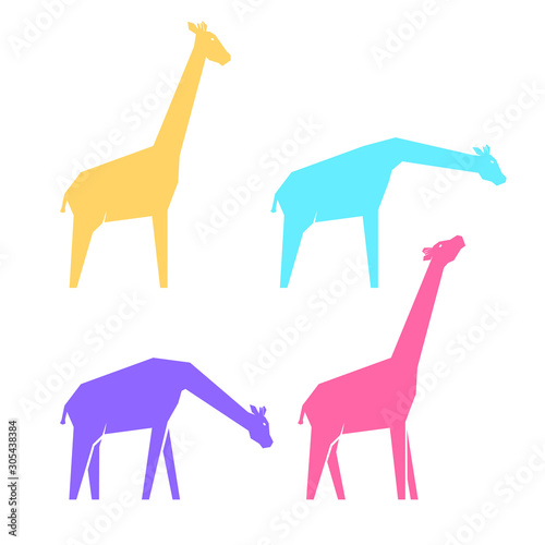 Set of multi-colored giraffes in different poses, vector illustration
