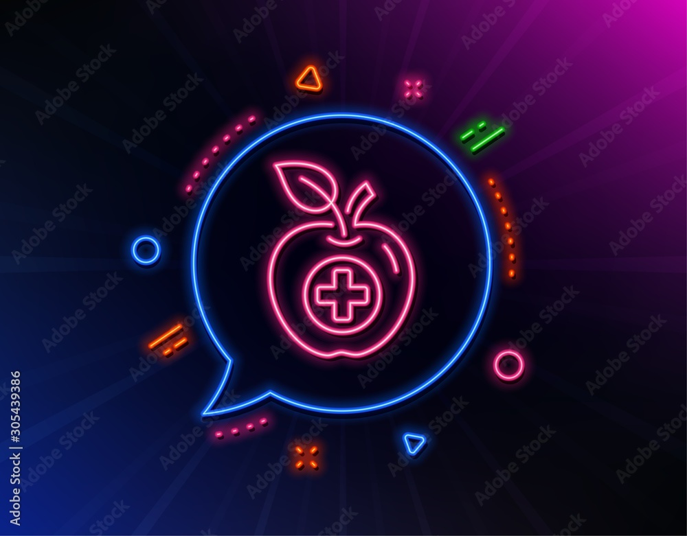 Medical food line icon. Neon laser lights. Health apple sign. Glow laser speech bubble. Neon lights chat bubble. Banner badge with medical food icon. Vector Medical food line icon. Neon laser lights. Health apple sign. Glow laser speech bubble. Neon lights chat bubble. Banner badge with medical food icon. Vector