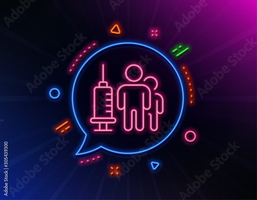 Medical vaccination line icon. Neon laser lights. Medicine vaccine sign. Pharmacy medication symbol. Glow laser speech bubble. Neon lights chat bubble. Vector