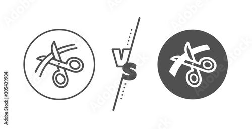 Cutting ribbon sign. Versus concept. Scissors line icon. Tailor utensil symbol. Line vs classic scissors icon. Vector