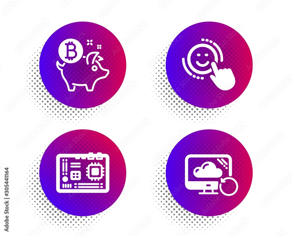 Motherboard, Bitcoin coin and Smile icons simple set. Halftone dots button. Recovery cloud sign. Computer component, Piggy bank, Positive feedback. Backup info. Technology set. Vector Motherboard, Bitcoin coin and Smile icons simple set. Halftone dots button. Recovery cloud sign. Computer component, Piggy bank, Positive feedback. Backup info. Technology set. Vector