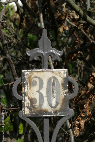 Altes verwittertes Hausnummernschild Nummer Dreissig und verzierter Metallgartenzaunzaun, Bremen, Deutschland, Europa photo