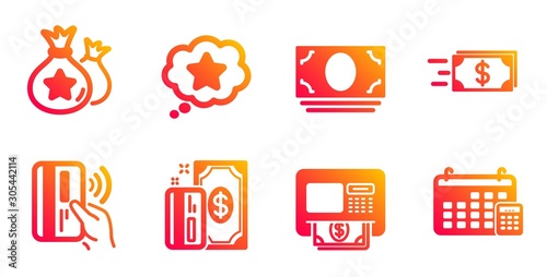 Cash money, Payment and Contactless payment line icons set. Loyalty star, Atm and Loyalty points signs. Money transfer, Calendar symbols. Banking currency, Bonus reward. Finance set. Vector
