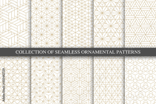Collection of seamless ornamental geometric minimalistic patterns. Luxury trendy grid backgrounds. Creative linear gold texture