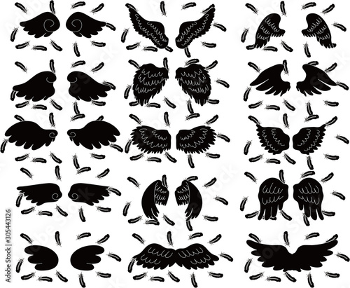 BLACK Angel wings of feathers fluttering set