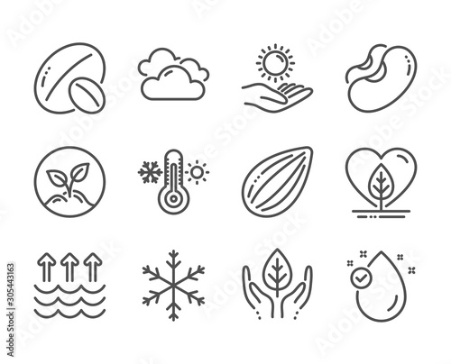 Set of Nature icons, such as Fair trade, Evaporation, Sun protection, Almond nut, Soy nut, Thermometer, Startup, Snowflake, Cloudy weather, Local grown, Vitamin e, Beans line icons. Vector