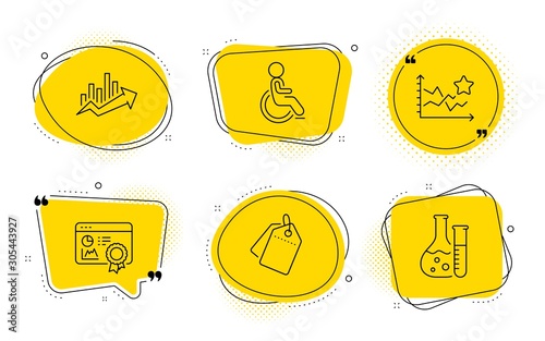 Disabled, Sale tags and Chemistry lab signs. Chat bubbles. Seo certificate, Ranking stars and Growth chart line icons set. Statistics, Winner results, Sale diagram. Handicapped wheelchair. Vector