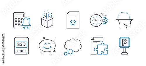 Set of Business icons, such as Ssd, Cogwheel timer, Smile chat, Face scanning, Strategy, Delete file, Talk bubble, Augmented reality, Calculator alarm, Parking line icons. Line ssd icon. Vector