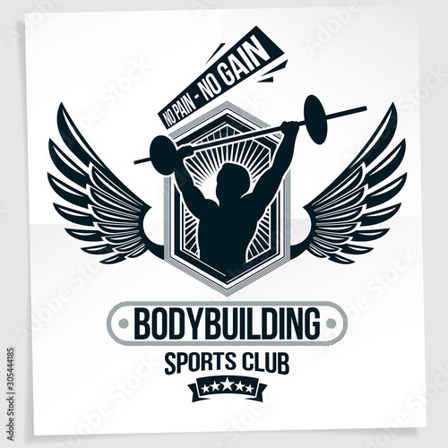 Gym advertising leaflet created with vector illustration of muscular bodybuilder holding barbell sport equipment. No pain, no gain quote.