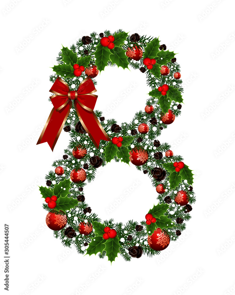 Number 8 with decoration for Christmas design and New Year and spruce tree and holly red berries. Creative alphabet, arabic eight number and sign vector. Vector Font for Title, Header, Lettering, Logo Number 8 with decoration for Christmas design and New Year and spruce tree and holly red berries. Creative alphabet, arabic eight number and sign vector. Vector Font for Title, Header, Lettering, Logo
