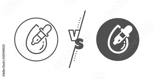Oculist clinic sign. Versus concept. Eye drops line icon. Optometry vision symbol. Line vs classic eye drops icon. Vector