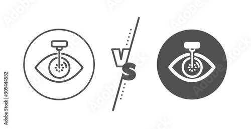 Oculist clinic sign. Versus concept. Eye laser surgery line icon. Optometry vision symbol. Line vs classic eye laser icon. Vector