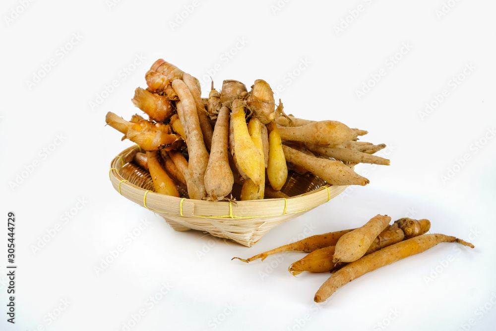 finger root in basket on white background. Chinese ginger, Boesenbergia rotunda, Krachai in a basket. finger root in basket on white background. Chinese ginger, Boesenbergia rotunda, Krachai in a basket.