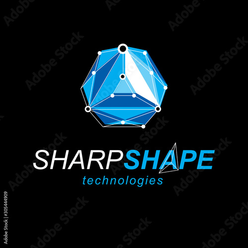 Technology conceptual emblem. Abstract geometric 3D wireframe object, vector illustration.