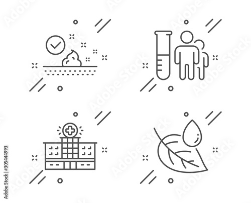 Hospital building, Skin care and Medical analyzes line icons set. Leaf dew sign. Medical help, Face cream, Medicine results. Water drop. Healthcare set. Line hospital building outline icon. Vector