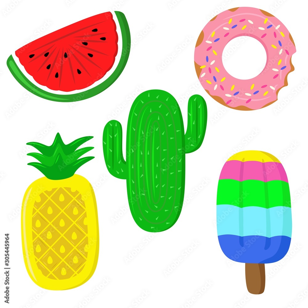 vector illustration cactus, watermelon, ice cream, air mattresses on a white background vector illustration cactus, watermelon, ice cream, air mattresses on a white background