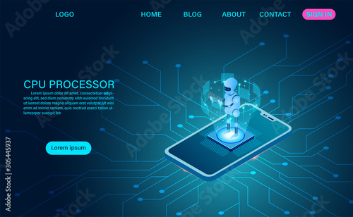 artificial intelligence robot technology. big data processing, CPU processor isometric banner. isometric vector dark neon