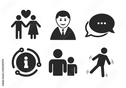 Group of people symbol. Chat, info sign. Businessman person icon. Man love Woman or Lovers sign. Caution slippery. Classic style speech bubble icon. Vector