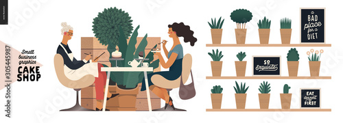Cake shop, cakes on demand - small business graphics - baker and customer -modern flat vector concept illustrations -a seller filling in the demand form a customer sitting in the armchairs in the shop