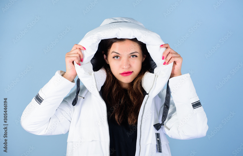 put on. flu and cold. seasonal fashion. happy winter holidays. Christmas time. girl in puffed coat. faux fur fashion. woman in padded warm coat. beauty in winter clothing. cold season shopping