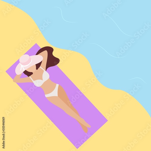 vector illustration of a bright girl resting on an air mattress at sea