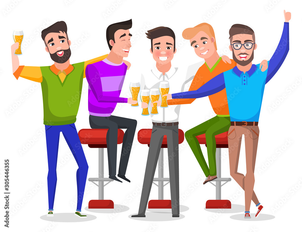Group of smiling men drinking beer, groom with friends celebrating. Bachelor party indoor, males characters sitting on chairs with malt, holiday vector