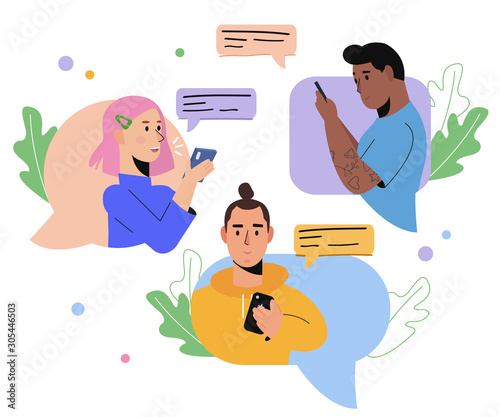 Young people use smartphones and chatting in messenger or social network. Social Media chat and communication concept. Friends Characters with speech bubbles. Flat Cartoon Vector Illustration