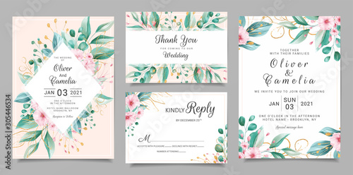 Delicate wedding invitation card template set with watercolor floral and gold glitter decoration. Flowers and leaves botanic illustration for background, save the date, invitation, greeting card © KeepMakingArt