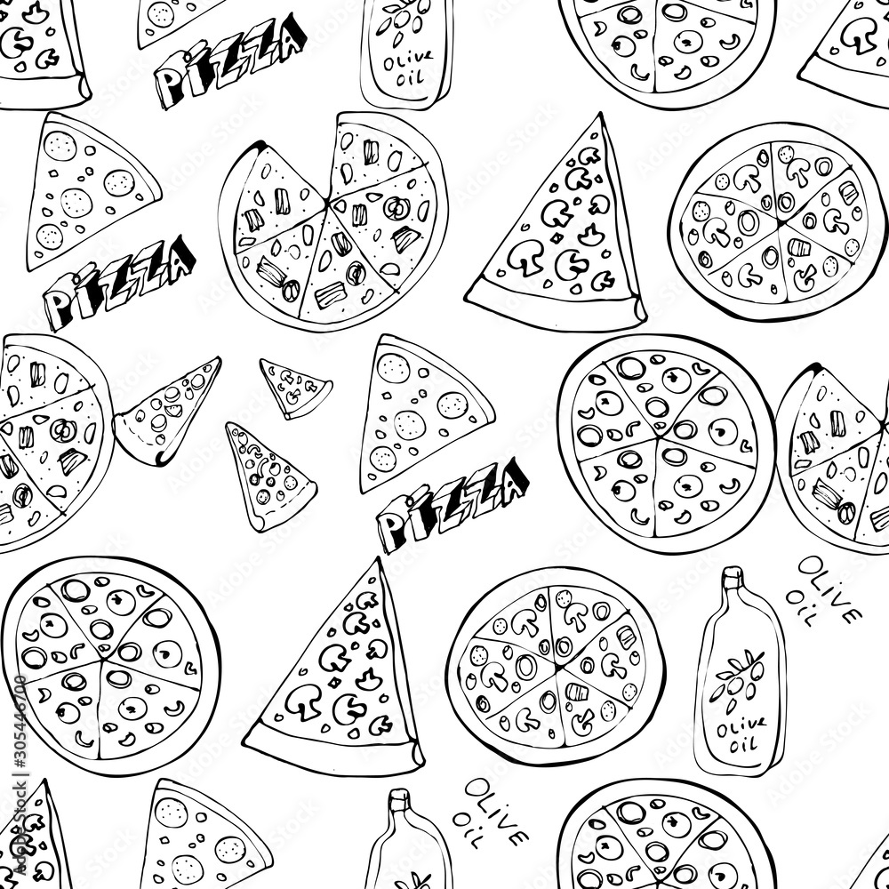 Fototapeta Seamless pattern with hand drawn pizza slices.