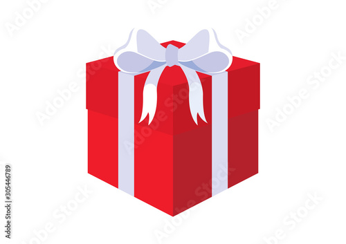 Red gift box with white ribbon icon vector. Christmas gift box vector. Red gift box with white ribbon isolated on a white background. Red birthday gift box icon