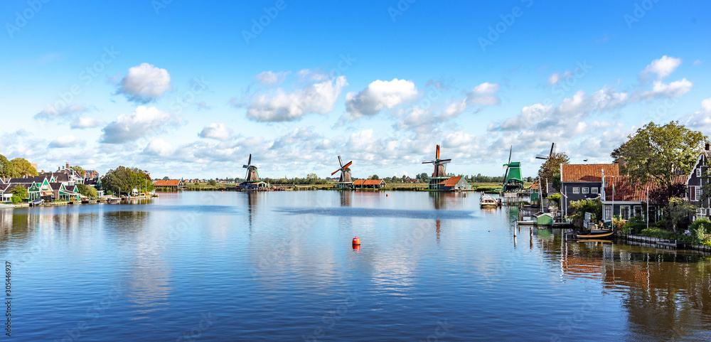 Windmills in the village of Volendam in the Netherlands.