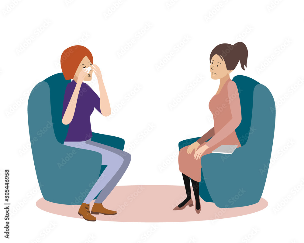 Psychotherapy session vector illustration. Woman psychologist and woman patient, society psychiatry concept Psychotherapy session vector illustration. Woman psychologist and woman patient, society psychiatry concept