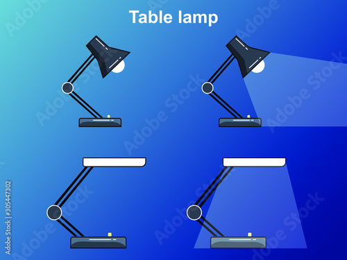 Vector illustration of table isolated lamps. Two types of table lamps. Plain and modern table lamps. Turned on and off lamps. Lamps for business flat illustrations.