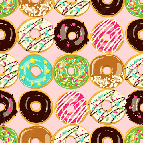 Glazed Donuts seamless pattern. Bakery Vector illustration. Top View doughnuts