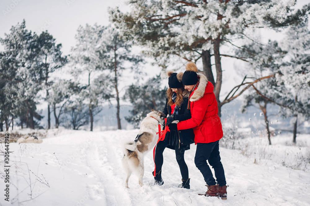 Cute couple in a winter park. Woman palying with a dog. Lady in a black jacket