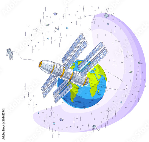 Space station flying orbital flight around earth, spacecraft spaceship iss with solar panels, artificial satellite, surrounded by stars and other elements. Thin line 3d vector illustration.