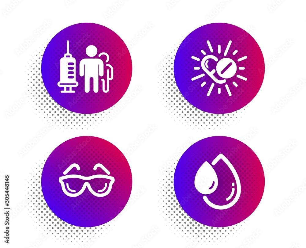 Medical vaccination, Medical drugs and Eyeglasses icons simple set. Halftone dots button. Oil drop sign. Syringe vaccine, Medicine pills, Optometry. Serum. Healthcare set. Vector