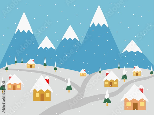 Wallpaper Mural Winter rural landscape with houses and pine trees Torontodigital.ca