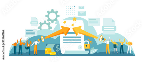 Conclusion of partnership agreement between companies. Happy people sign the contract. Corporate court decides money question. Blue and yellow conceptual vector illustration EPS 10 isolated on white