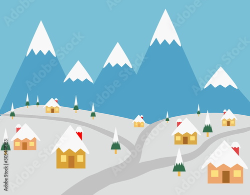 Winter rural landscape with houses and pine trees