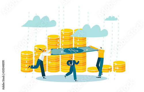Bank protects depositor funds. People support man with dollar. Company values rich client. Accident cover by insurance. Provision of paid services. Concept vector illustration EPS 10 isolated on white