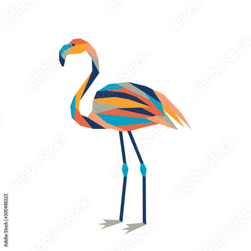 Geometric polygonal flamingo. Abstract colorful tropical bird. Vector illustration.	