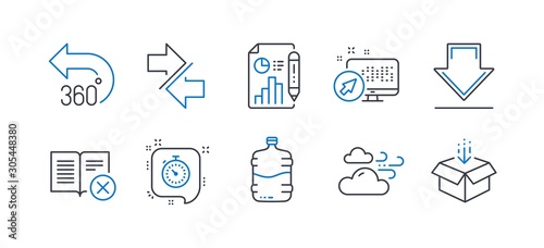 Set of Business icons, such as Cooler bottle, 360 degrees, Report document, Timer, Downloading, Web system, Reject book, Windy weather, Synchronize, Get box line icons. Line cooler bottle icon. Vector