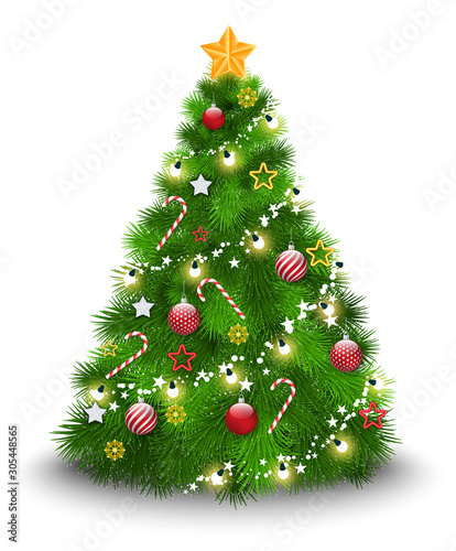 Pine tree decorated for Christmas holiday vector. Isolated fir with star on top and baubles. Spruce with garlands and sweet candies decor. Traditional branches of evergreen plant, realistic design