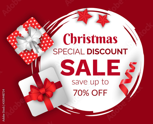 Christmas sale vector, promotional banner with presents and stars decor. Winter holidays discounts and sellout in stores and shops. Giftbox with ribbons and bows. Proposals at market for clients
