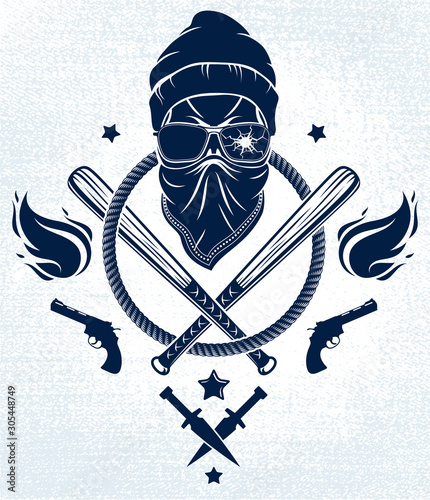 Gangster emblem logo or tattoo with aggressive skull baseball bats and other weapons and design elements, vector, criminal ghetto vintage style, gangster anarchy or mafia theme.