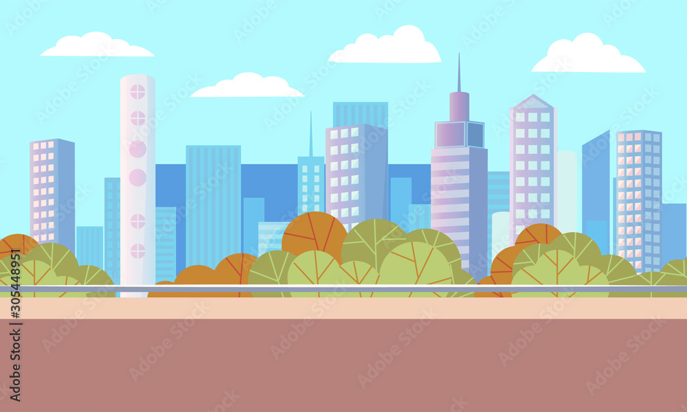 City autumn park with empty road. Beautiful landscape on background with many skyscrapers. Modern downtown, business center. Green trees in summer, warm weather in town. Vector illustration in flat
