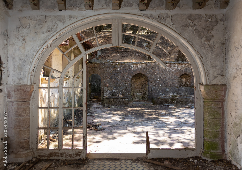 Ruins of the abandoned Villa De Vechi the so-called Villa of Mussolini in the mountains. View of the courtyard. Rhodes island. Dodecanese Greece