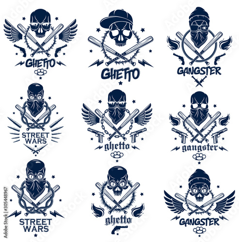 Criminal tattoo ,gang emblem or logo with aggressive skull baseball bats and other weapons and design elements, vector set, bandit ghetto vintage style, gangster anarchy or mafia theme.