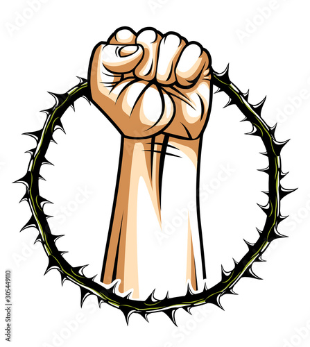 Strong hand clenched fist fighting for freedom against blackthorn thorn slavery theme illustration, vector logo or tattoo, through the thorns to the stars concept.